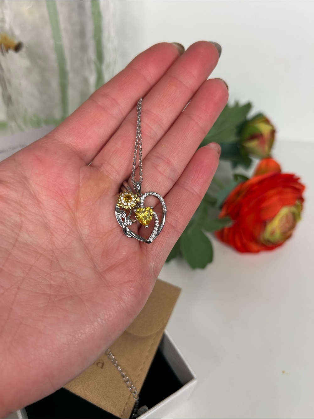 14k & 18K plated gold over 925 Sunflower Heart Pendant Necklace with Citrine CZ